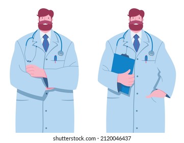 Alegre joven doctor en dos gestos diferentes. Caricatura de estilo. Un médico simpático parado en un abrigo azul claro.
