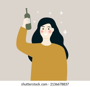 Cheerful young drunk woman with alcohol bottle in her hand. celebrates holiday with her friends. Lifestyle, recreation, celebration, alcohol intake. Flat isolated vector Illustration.