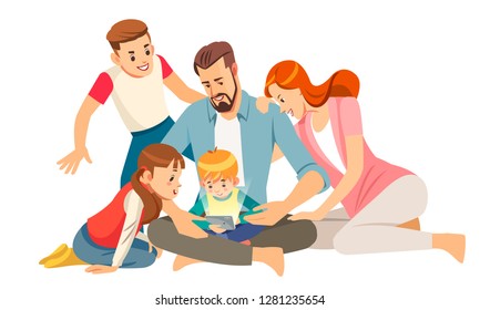 Cheerful young family with kids laughing watching funny video on smartphone sitting together, parents with children enjoying playing games or entertaining using mobile apps on phone at home.