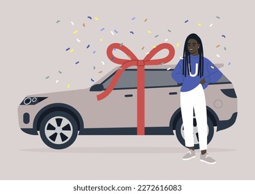 A cheerful young female African character being gifted their first car, a celebratory moment