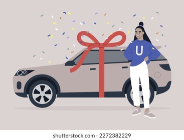 A cheerful young female Asian character being gifted their first car, a celebratory moment