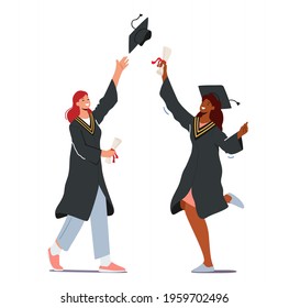 Cheerful Young Female Characters Wear Mantle and Academical Cap Hold Diploma Certificate Celebrating Graduation. Women Vocational Specialist Graduating University. Cartoon People Vector Illustration