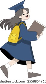 A cheerful young female graduate wearing a blue cap and gown, walking with a bright yellow backpack and holding a book