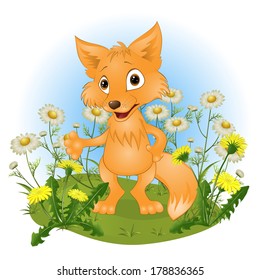 cheerful young fox on a glade. vector illustration