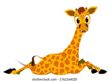 cheerful young giraffe, giraffe lying on the ground on a white background, vector illustration of the animal world