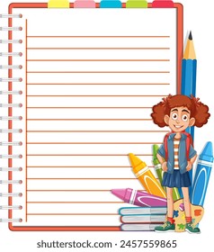 Cheerful young girl with backpack and school items.