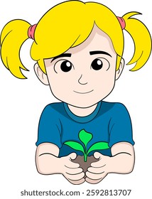 A cheerful young girl with blonde pigtails holds a small tree seedling with fresh green leaves in her hands, symbolizing growth and environmental care