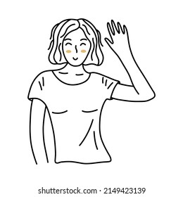 Cheerful young girl with a bob smiles and waves her hand. Black and white vector isolated illustration hand drawn. Friendly happy woman