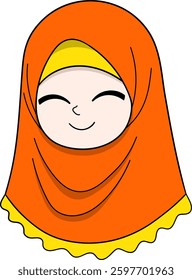 A cheerful young girl with a bright smile, wearing an orange hijab with yellow accents, creating a warm and friendly appearance