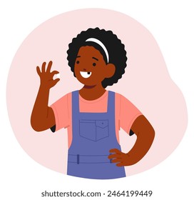 Cheerful Young Girl With Curly Hair Proudly Shows Off Her Missing Milk Tooth. Kid Character Wearing Light Pink T-shirt And Blue Dungarees Delights In Her New Smile. Cartoon People Vector Illustration