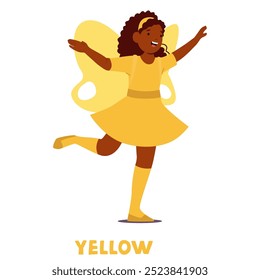 Alegre joven vestida como un hada amarilla con alas Grandes que expresan alegría y felicidad, que representan el color amarillo. La ilustración de dibujos animados captura la esencia de la fantasía y la imaginación infantil