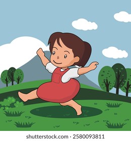 A cheerful young girl enjoying her time in a lush green meadow, playing with joy and excitement. She is surrounded by nature, with a bright and playful expressions. Perfect for themes of chi