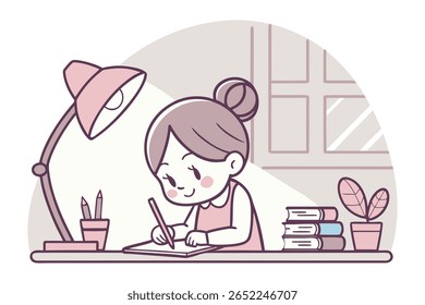 Uma jovem alegre com o cabelo em um pão está focada em escrever em um caderno. Ela é iluminada por uma lâmpada de mesa rosa.