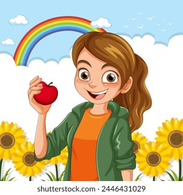 Cheerful young girl holding a red apple outdoors