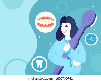 Cheerful Young Girl Holding Toothbrush with Teeth Dentures on Blue Background.