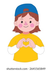 Cheerful young girl in kawaii cartoon style making a heart shape with her hands. Featuring pink cheeks, brown hair, and a bright yellow jacket. Great for love, kindness, and kids’ themes.