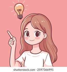 A cheerful young girl with long hair points upwards, where a light bulb is glowing above her head, symbolizing a bright idea or inspiration. 