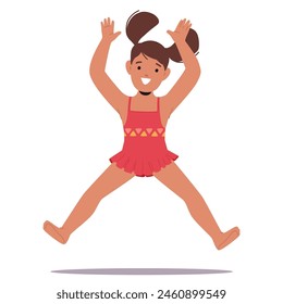Cheerful Young Girl Mid-jump, Wearing A Bright Red Swimsuit With A Fun Pattern. Her High-spirited Energy And Joyful Expression Conveys A Sense Of Freedom, Delight, Childhood, And Summer Positivity