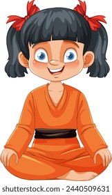 Cheerful young girl in orange outfit sitting peacefully.