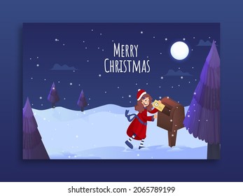 Cheerful Young Girl Putting A Letter In Postbox And Xmas Tree On Full Moon Snow Falling Background For Merry Christmas Celebration.