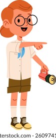A cheerful young girl in scout uniform points with a flashlight in hand.  The playful child adventurer shows the way with a beam of light. Cartoon vector illustration