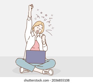 A cheerful young girl sitting on the floor with a laptop computer and celebrating success. Hand drawn in thin line style, vector illustrations.