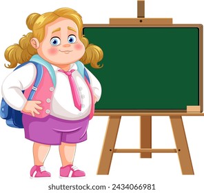 Cheerful young girl standing by a chalkboard