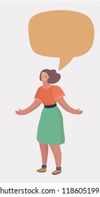 Cheerful young girl standing with empty speech bubble over white background. Orange blank cloud for text. Female student giving a monologue. Vector cartoon illustration in modern concept
