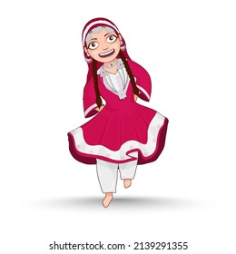 Cheerful Young Girl Wearing Kashmiri Dress On White Background.