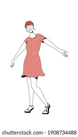 Cheerful young girl wearing red dress enjoying life. Power of positive thinking and good mood. Vector flat black and red illustration. Cartoon smiling female character