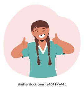 Cheerful Young Girl Wearing A Teal Shirt, Showing Off Her Missing Milk Tooth With A Broad Smile And Giving Two Thumbs Up, Depicting Childhood Happiness And Milestones. Cartoon Vector Illustration