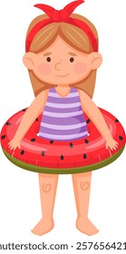 Cheerful young girl wearing a watermelon themed inflatable ring, ready for summer fun. Her striped outfit and red headband add a playful touch to the scene