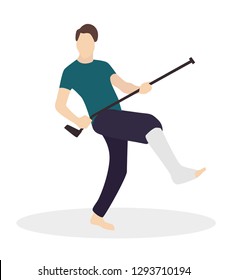 Cheerful young guy with a broken leg and a cane. Flat cartoon characters. Vector illustration.