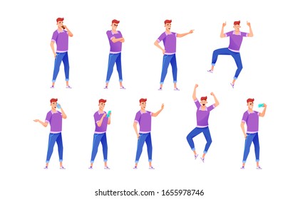 Cheerful young guy in denim jeans, t-shirt various poses, gestures and emotions set. Vector student man jumping, talking phone, making selfie. Cartoon teen man in casual outfit