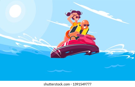 Cheerful young guy with a girl ride a water scooter on the sea on a sunny summer day. Flat style illustration of smiling characters engaged in active sports and entertainment.