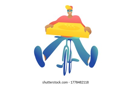 Cheerful young guy on a bicycle carries pizza. Male courier with home delivery on a white background. Fast delivery concept.
