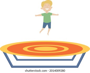 Cheerful young guy with shorts and a T-shirt is jumping on an orange trampoline that stands on steel legs and had fun