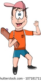 cheerful young guy standing and holding a skateboard in his hands