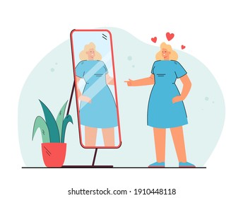 Cheerful young lady looking at mirror and winking isolated flat vector illustration. Cartoon woman cheering herself and getting love of self. Narcissism, body positive and beauty concept
