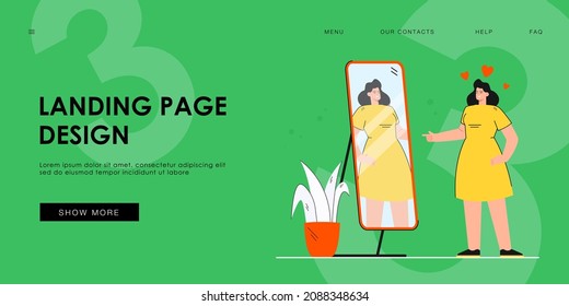 Cheerful young lady looking at mirror and winking isolated flat vector illustration. Cartoon woman cheering herself and getting love of self. Narcissism, body positive and beauty concept