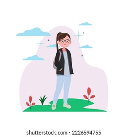 Cheerful young lady smilling mood concept. Wearing glasses and casual clothes cartoon character standing positive gesture vector illustration. good vibes