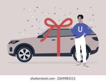 Un alegre joven personaje asiático al que le regalan su primer auto, un momento de celebración