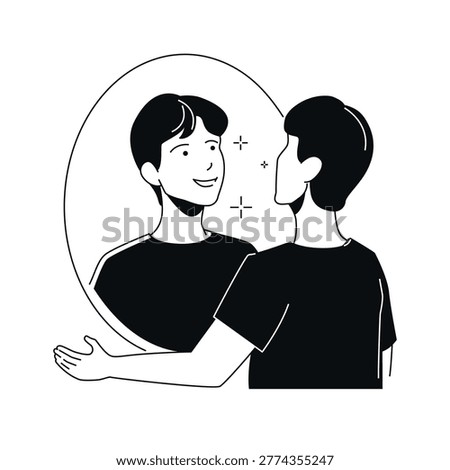 A cheerful young man admires his reflection in the mirror, radiating positivity and confidence. The vibrant illustration highlights self-acceptance and inner happiness with a clean and modern design.