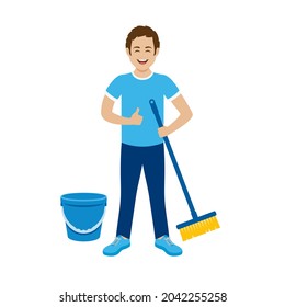 Cheerful young man with a broom and bucket icon vector. Funny male professional cleaner icon isolated on a white background. Happy young man cleaning home vector