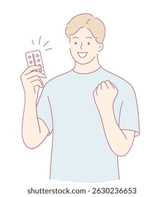 A cheerful young man celebrates joyfully, holding a winning ticket, embodying happiness and success.