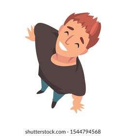 Cheerful Young Man Character Looking Up, View from Above Vector Illustration