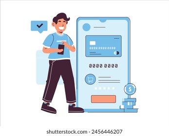 A cheerful young man confidently using his smartphone to make a secure mobile payment.