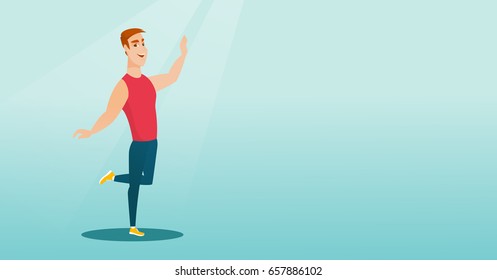 Cheerful young man dancing with passion. Full length portrait of a happy caucasian man dancing. Smiling man during dance workout. Vector flat design illustration. Horizontal layout.