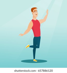 Cheerful young man dancing with passion. Full length portrait of a happy caucasian man dancing. Smiling man during dance workout. Vector flat design illustration. Square layout.