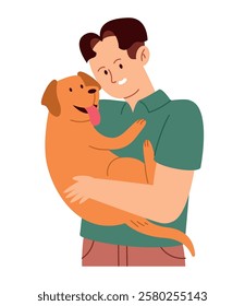 Cheerful young man embracing his loyal golden retriever